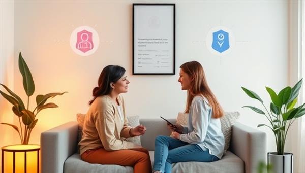 A confidential virtual therapy session setting with a therapist and client engaged in a supportive conversation, surrounded by calming colors and digital privacy safeguards, highlighting the secure and empathetic teletherapy services provided by Mental Wellness Connect.
