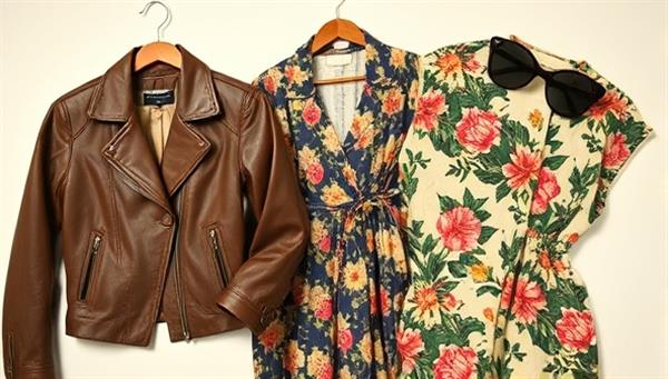 An artistic collage of vintage clothing items like a retro leather jacket, a floral midi dress, and a pair of cat-eye sunglasses, arranged in a visually appealing manner to evoke a sense of nostalgia and style, capturing the essence of the online vintage marketplace.