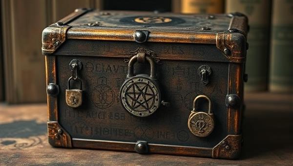 An intriguing and mysterious box covered in cryptic symbols and locks, hinting at the enigmatic contents waiting to be discovered inside, evoking a sense of anticipation and curiosity.