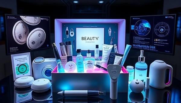 A high-tech beauty subscription box filled with futuristic beauty gadgets, smart skincare devices, and cutting-edge beauty tools, surrounded by digital screens displaying beauty tech features and functionalities, creating a tech-savvy and innovative beauty experience.