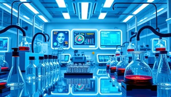 An immersive virtual science laboratory scene with digital equipment, test tubes, beakers, and interactive data displays, showcasing a futuristic and educational setting for virtual experiments and scientific exploration.