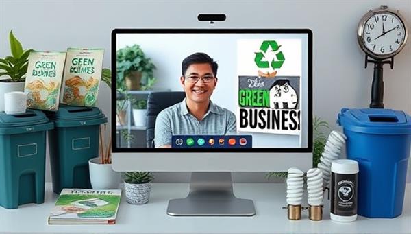 An online sustainability consulting session with a small business owner receiving guidance on eco-friendly practices and sustainability initiatives from an advisor via a video call, surrounded by green business guides, recycling bins, and energy-efficient products, symbolizing environmental stewardship and business sustainability.
