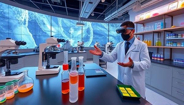 An immersive virtual science lab environment with digital beakers, microscopes, and test tubes, accompanied by a virtual scientist guiding users through an exciting experiment, creating a realistic and educational setting.