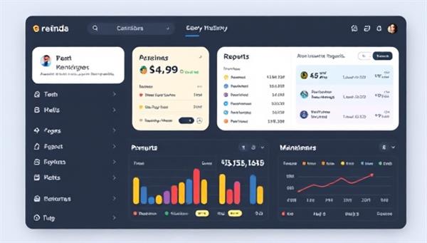 An interface mockup of a user-friendly rental management platform showing automated rent reminders, maintenance requests, and financial reports, demonstrating the efficiency and convenience of the system.