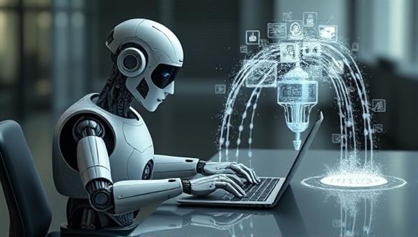 An AI-powered robot sitting at a desk, typing on a laptop keyboard, with content flowing out of its screen like a digital fountain, symbolizing the endless possibilities of AI-generated content.