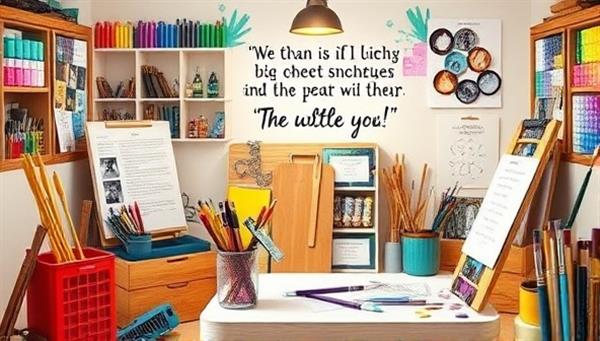 A digital studio space brimming with art supplies, writing tools, vibrant colors, and inspirational quotes, capturing the essence of creative energy and artistic exploration in a virtual coaching environment for artists and writers seeking to unleash their creative potential.