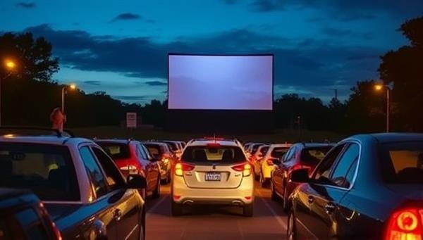 An evening scene with cars parked in front of a large outdoor screen, illuminated by the glow of the movie playing, families and friends enjoying the movie experience from their vehicles, capturing the essence of a nostalgic drive-in theater.