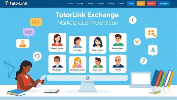 An engaging platform interface displaying the TutorLink Exchange marketplace, with colorful profiles of peer tutors and student learners connecting virtually for tutoring sessions, surrounded by academic resources and interactive study tools, highlighting a collaborative and student-centric tutoring environment.