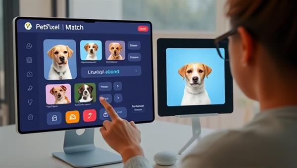 A digital pet adoption interface showing a user browsing through virtual pet profiles, interacting with AI-powered match suggestions, and virtually meeting potential pets through video calls, creating a personalized and engaging pet adoption experience on the PetPixel Match platform.