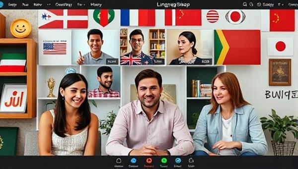 An online language exchange session in progress with users from different countries engaging in a virtual conversation, accompanied by language learning materials and cultural symbols in the background, highlighting the international and collaborative nature of LingoSwap.