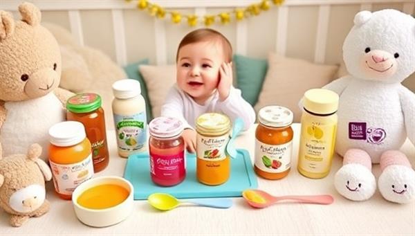 A charming baby mealtime setup with an array of colorful, nutritious baby food jars, soft silicone spoons, and playful feeding accessories, surrounded by plush toys and comforting nursery decor, reflecting the purity and care embodied by PureTots Organics