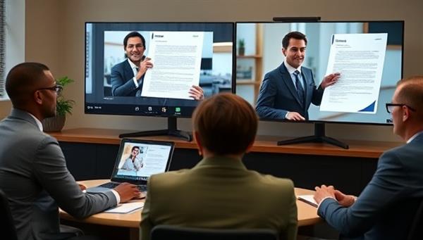 A virtual legal advisory setting with legal consultants engaging in a virtual contract review session, discussing legal documents on screens, and providing guidance to clients through video conferencing, showcasing professionalism and expertise in remote legal services.