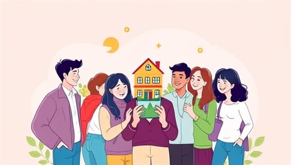 An illustration of a diverse group of people, including young professionals and students, happily investing together in virtual real estate properties through a user-friendly mobile app, symbolizing accessibility and inclusivity.