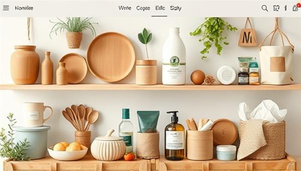 An aesthetically pleasing online marketplace interface showcasing a variety of eco-friendly products, including reusable kitchenware, organic skincare, biodegradable packaging, and sustainable fashion items, evoking a sense of environmentally conscious shopping and lifestyle choices.