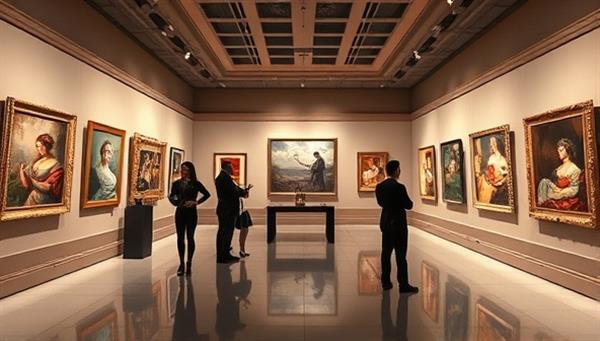A virtual art gallery space filled with exquisite artworks displayed on digital screens, avatars of users exploring the collection, and a virtual auctioneer guiding a bidding session, conveying the elegance and sophistication of online art auctions on the platform.
