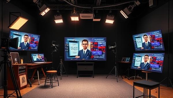 An artistic representation of a video production studio with screens displaying dynamic video ad content tailored to different audience personas, surrounded by creative props and lighting setups, illustrating the personalized and engaging nature of VidPersona Creations