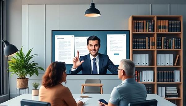 A virtual law office setup with a lawyer consulting with a group of startup founders via video call, legal documents displayed on screen, and a digital law library in the background, symbolizing virtual legal consulting for startups.