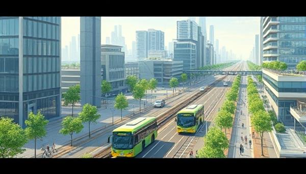 An illustrative representation of a futuristic cityscape with integrated green transportation systems, such as bike lanes, electric buses, and pedestrian-friendly streets, highlighting sustainable urban mobility concepts and eco-friendly infrastructure, symbolizing innovation, efficiency, and environmental consciousness.