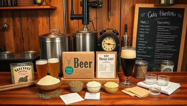A rustic home brewery setup showcasing the DIY craft beer brewing kit components, including malt, hops, yeast, and brewing equipment, arranged on a wooden table with beer glasses, tasting notes, and a playful chalkboard with brewing instructions, creating a warm and inviting atmosphere for beer enthusiasts.