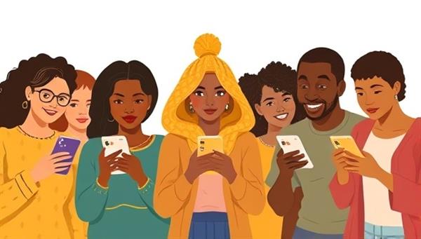 An illustrative image of a diverse group of individuals from underserved communities using the InclusiveFin app on their smartphones to access financial services and educational resources, showcasing empowerment and inclusion in finance.