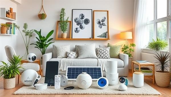 An assortment of eco-friendly home tech products arranged in a stylish home setting, showcasing smart devices, solar-powered gadgets, and energy-efficient solutions, conveying a modern and sustainable living concept.