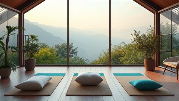 A serene virtual retreat space with calming nature scenes, yoga mats, meditation cushions, and soothing music playing in the background, inviting participants to immerse themselves in a tranquil and rejuvenating online wellness experience with SoulSerenity.