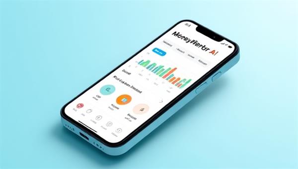 An engaging visualization of a smartphone screen displaying the MoneyMentor AI app interface, featuring colorful charts, budgeting tools, and personalized financial recommendations, symbolizing smart money management.