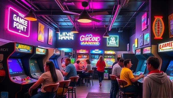 A retro-inspired gaming café and bar interior featuring vintage arcade cabinets, neon lights, pixel art decorations, and patrons enjoying classic games and drinks in a lively and energetic atmosphere, capturing the essence of retro gaming culture and socializing.