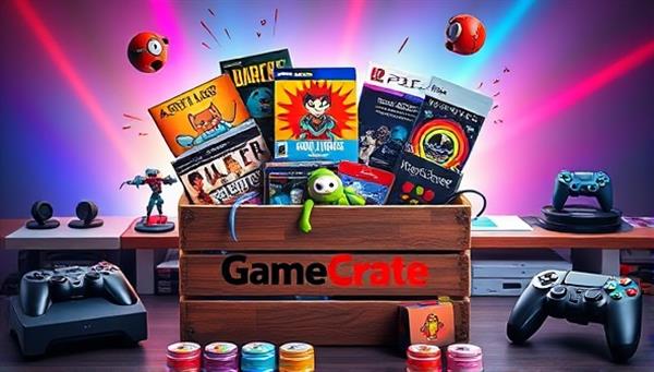 An enticing image of a colorful and aesthetically pleasing gaming crate filled with a variety of gaming-related items like game codes, figurines, stickers, and merchandise, surrounded by gaming peripherals and consoles, evoking excitement and anticipation for the contents inside GameCrate.