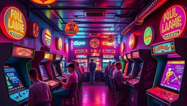 An artistic depiction of a vibrant retro arcade bar filled with neon lights, classic arcade machines, patrons enjoying drinks, and a lively atmosphere, evoking a sense of nostalgia and fun social gatherings.