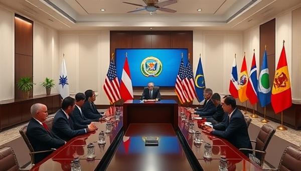 An elegant virtual classroom setting with diplomats in formal attire engaging in a simulation exercise, surrounded by digital representations of global flags and diplomatic symbols, conveying professionalism and cultural diversity in diplomatic training.