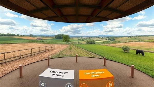 An immersive virtual tour interface displaying a panoramic view of a scenic farm landscape with interactive buttons for users to explore different areas and engage with live demonstrations, creating a sense of connection to rural life and agriculture.