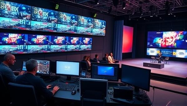 A virtual event control room setup with multiple screens displaying live event streams, a team of event planners coordinating logistics, and a virtual stage set for a dynamic presentation, illustrating professional event management and technical expertise in action.