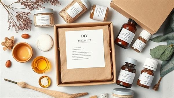 An artistic flat lay of a beautifully packaged DIY beauty kit with labeled ingredients, recipe cards, and handcrafted beauty products, exuding a sense of creativity and personalization.