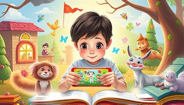 An imaginative illustration of a child using a mobile device to interact with AR-enhanced storybook characters and scenes, surrounded by colorful animations and educational elements, showcasing the magical and educational experience offered by StoryScape AR.