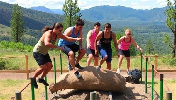 A group of participants overcoming obstacles and completing a fitness challenge in a scenic outdoor setting, showcasing teamwork, physical exertion, and a sense of accomplishment, capturing the essence of the fitness adventure challenge experience.