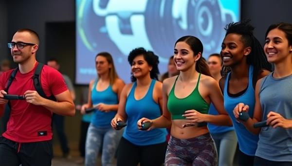 A group of diverse individuals wearing fitness trackers and holding motion-sensing controllers, actively participating in a virtual fitness challenge projected on a large screen, showing a mix of exercise and gaming elements in a dynamic setting.