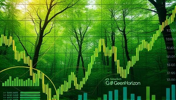 An artistic representation of a lush green forest with financial charts and graphs intertwined, symbolizing the harmonious blend of financial growth and environmental sustainability in GreenHorizon Investments.