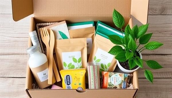 An eco-friendly subscription box filled with reusable items, bamboo utensils, organic snacks, and a potted plant, symbolizing sustainability and conscious consumerism.