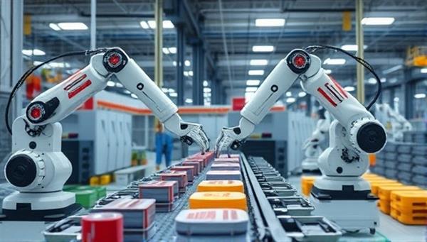 An image illustrating a manufacturing plant with AI-powered robotic arms inspecting products on the production line, showcasing the integration of artificial intelligence in quality control processes for enhanced efficiency and accuracy in manufacturing operations.