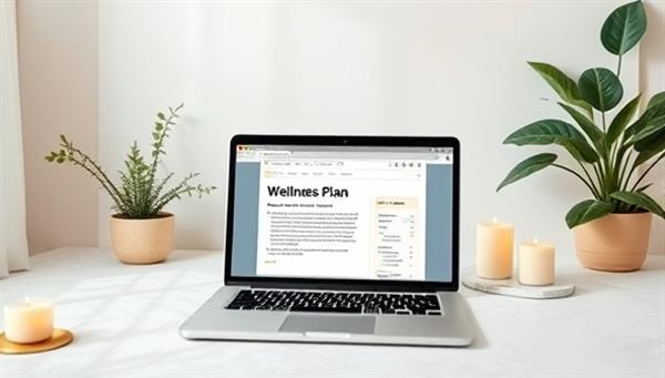 A serene virtual coaching session setup with a laptop showing a wellness plan, surrounded by calming decor elements like candles and plants, creating a peaceful and motivating environment.