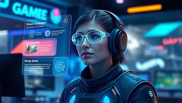 An artistic rendering of a futuristic virtual assistant in a gaming environment, displaying a holographic interface with interactive game tips and suggestions, surrounded by digital gaming elements and futuristic visuals, depicting the innovative and high-tech nature of the GameGenie AI service.