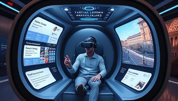 A futuristic language learning pod with a sleek design, featuring a user immersed in a virtual reality language lesson, surrounded by interactive screens displaying vocabulary exercises and cultural insights, illustrating a cutting-edge learning environment.