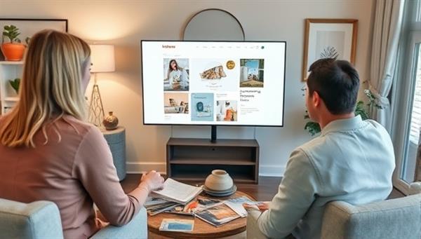 A sophisticated digital rendering of a virtual design consultation session, showing a designer sharing a mood board on a screen with a client, surrounded by swatches, fabric samples, and design magazines, reflecting creativity and collaboration in interior decor.