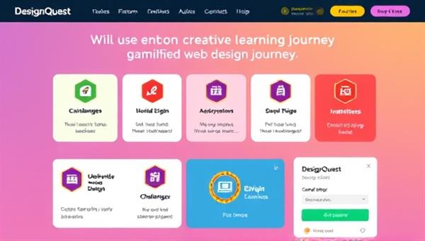 An engaging and colorful interface of the DesignQuest platform displaying various design challenges, badges, and progress indicators, inviting users to embark on a creative learning journey through gamified web design education.