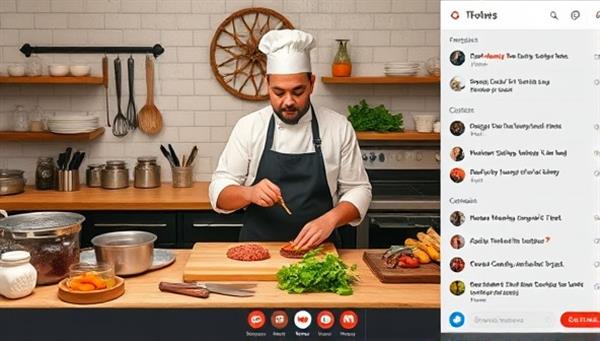 An engaging live cooking session with a chef demonstrating a culinary technique, surrounded by a virtual kitchen setup with utensils, fresh ingredients, and a chat box showing participant interactions and questions.