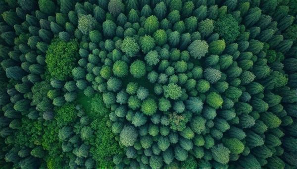 An impactful aerial view captured by a drone showing vast green forests regenerated through drone-assisted seed planting, with a mosaic of different tree species thriving in the restored ecosystem, symbolizing the power of technology in environmental conservation and reforestation efforts.
