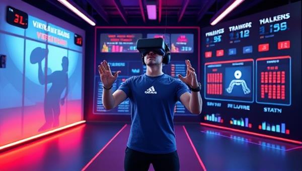 An engaging visual of a virtual reality fitness environment with a digital trainer guiding a user through various exercises, surrounded by motivational graphics and progress trackers, illustrating an immersive and dynamic workout experience.