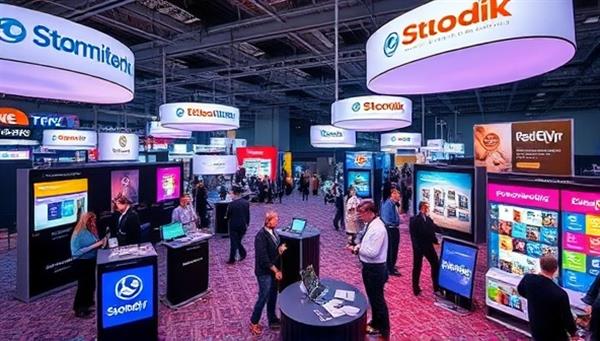 An immersive virtual event space filled with interactive booths and digital displays showcasing brand logos and sponsorship opportunities, creating a dynamic and engaging environment for event organizers and sponsors to connect.