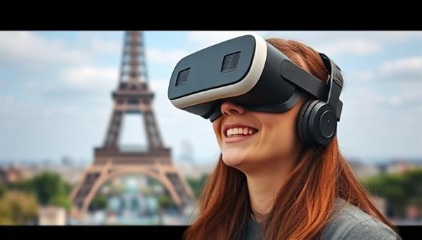 An individual wearing a VR headset, exploring a lifelike virtual representation of the Eiffel Tower in Paris, with a sense of wonder and excitement on their face, showcasing the immersive and engaging nature of the VR travel experience.